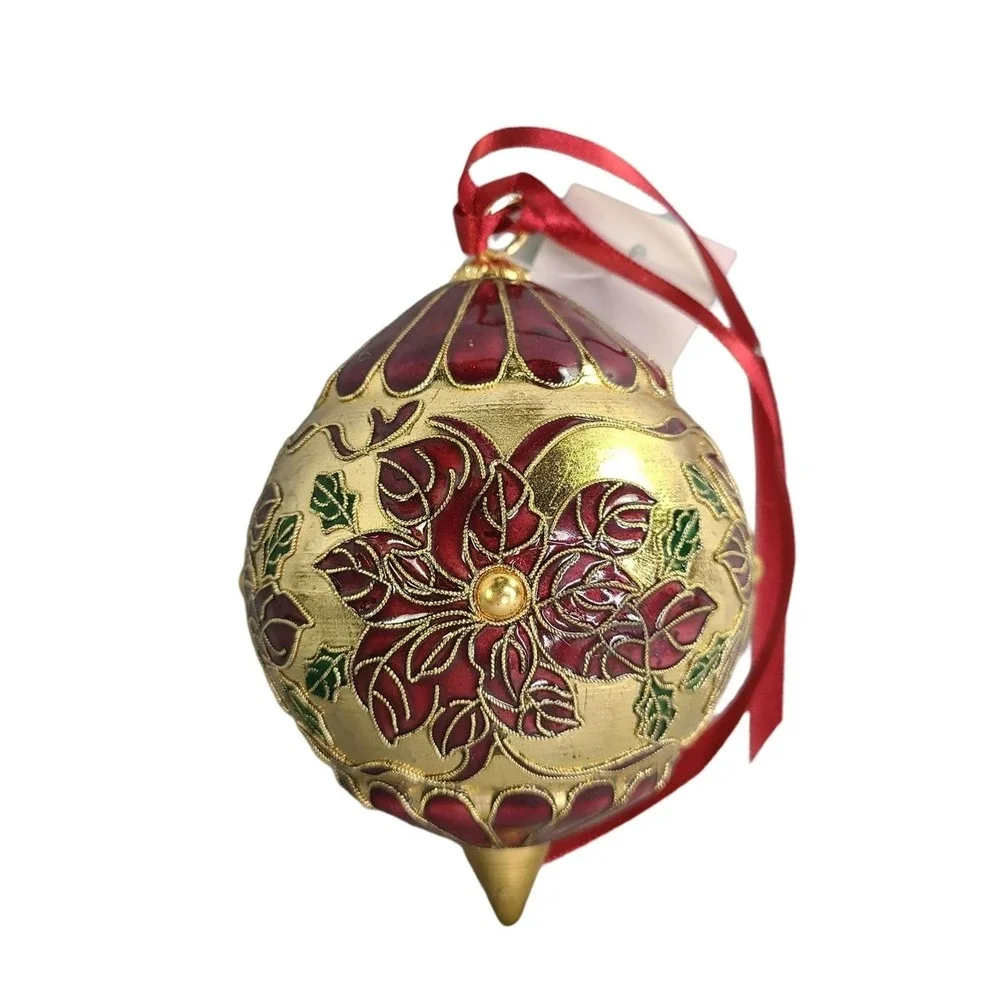 Cloisonne Ornament Red Poinsettia Christmas Gold Holiday New With Gift Box
